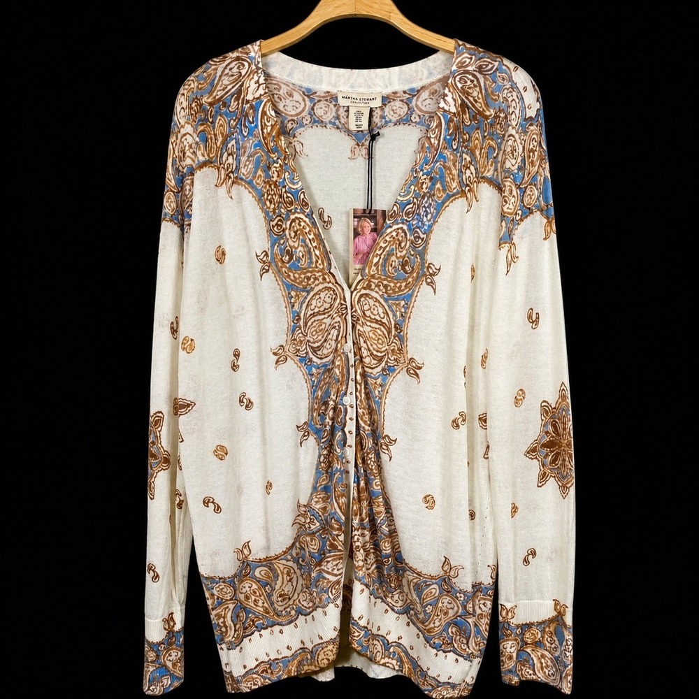 Martha Steward Paisley Cardigan Sweater Women XL Tan Moroccan Boho Cottagecore - Picture 11 of 11